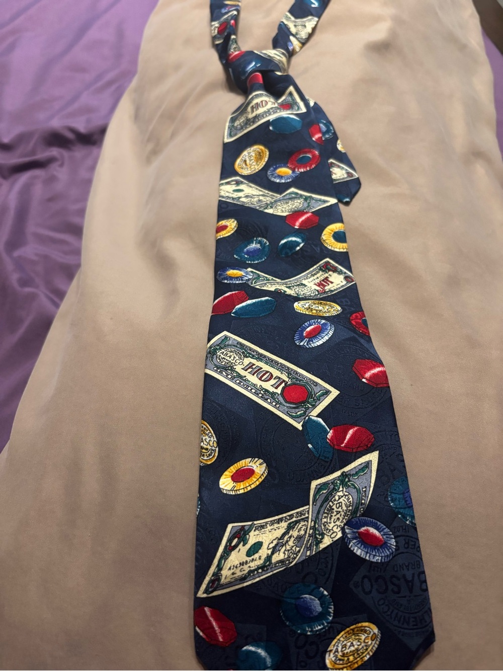 Tabasco Navy Tie with Casino Chips and Banknote Print